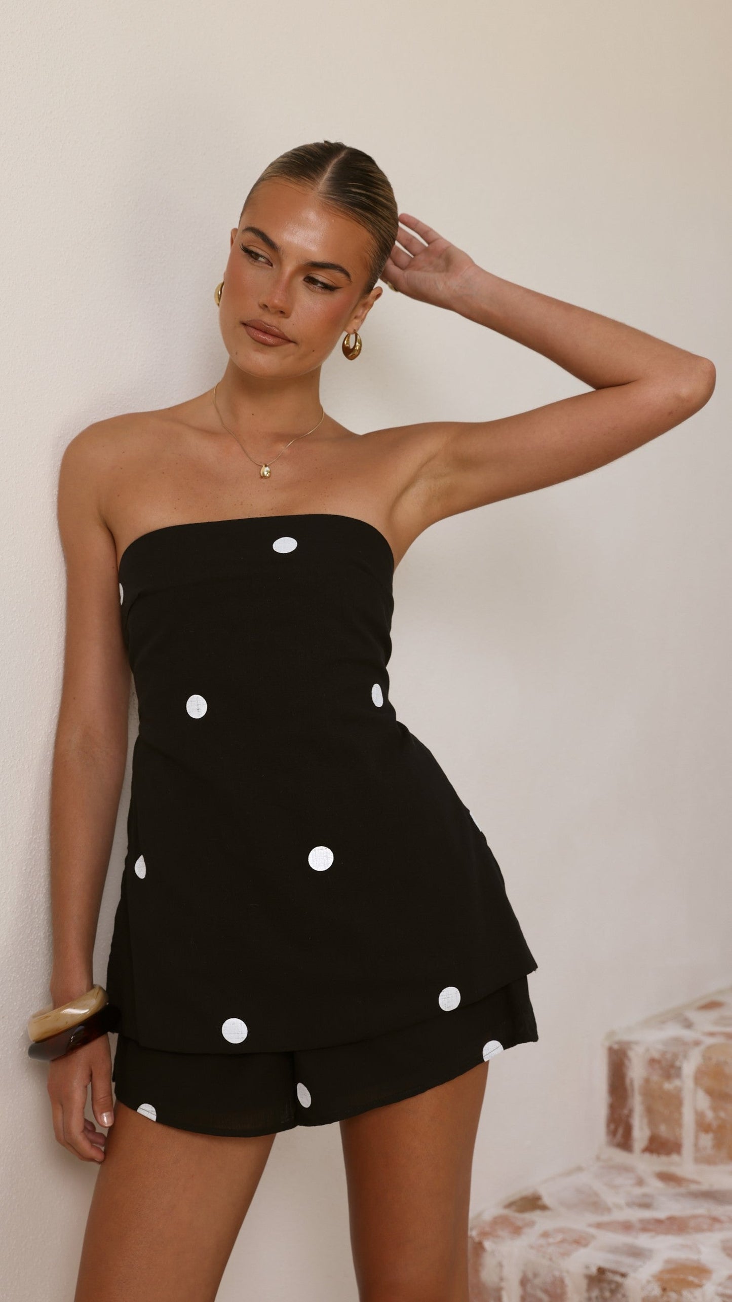 Kiki Strapless Top and Shorts Set - Black/White Polka Dot