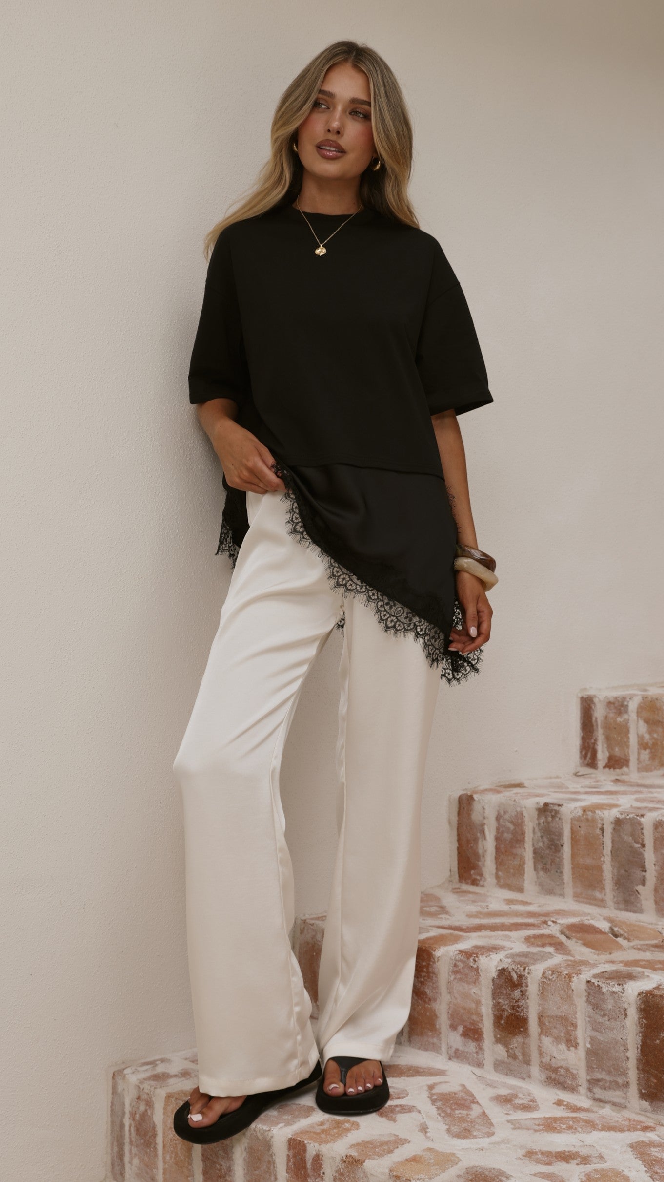 Mirandah Satin Panel T-Shirt - Black