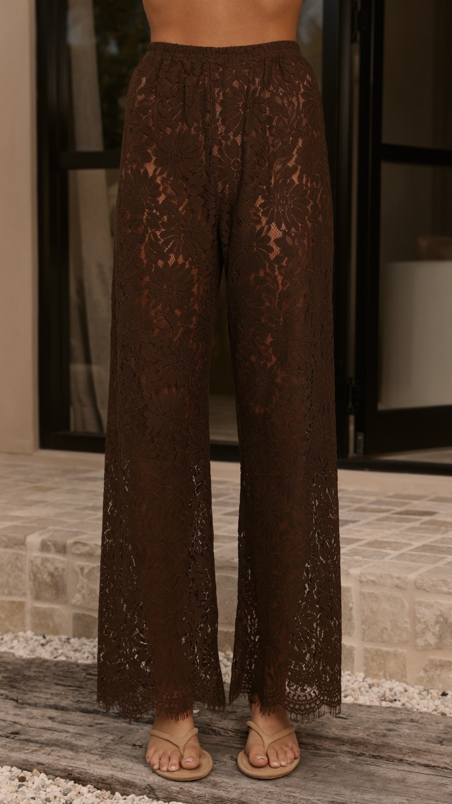Ebony Asymmetrical Lace Top & Pants Set - Brown