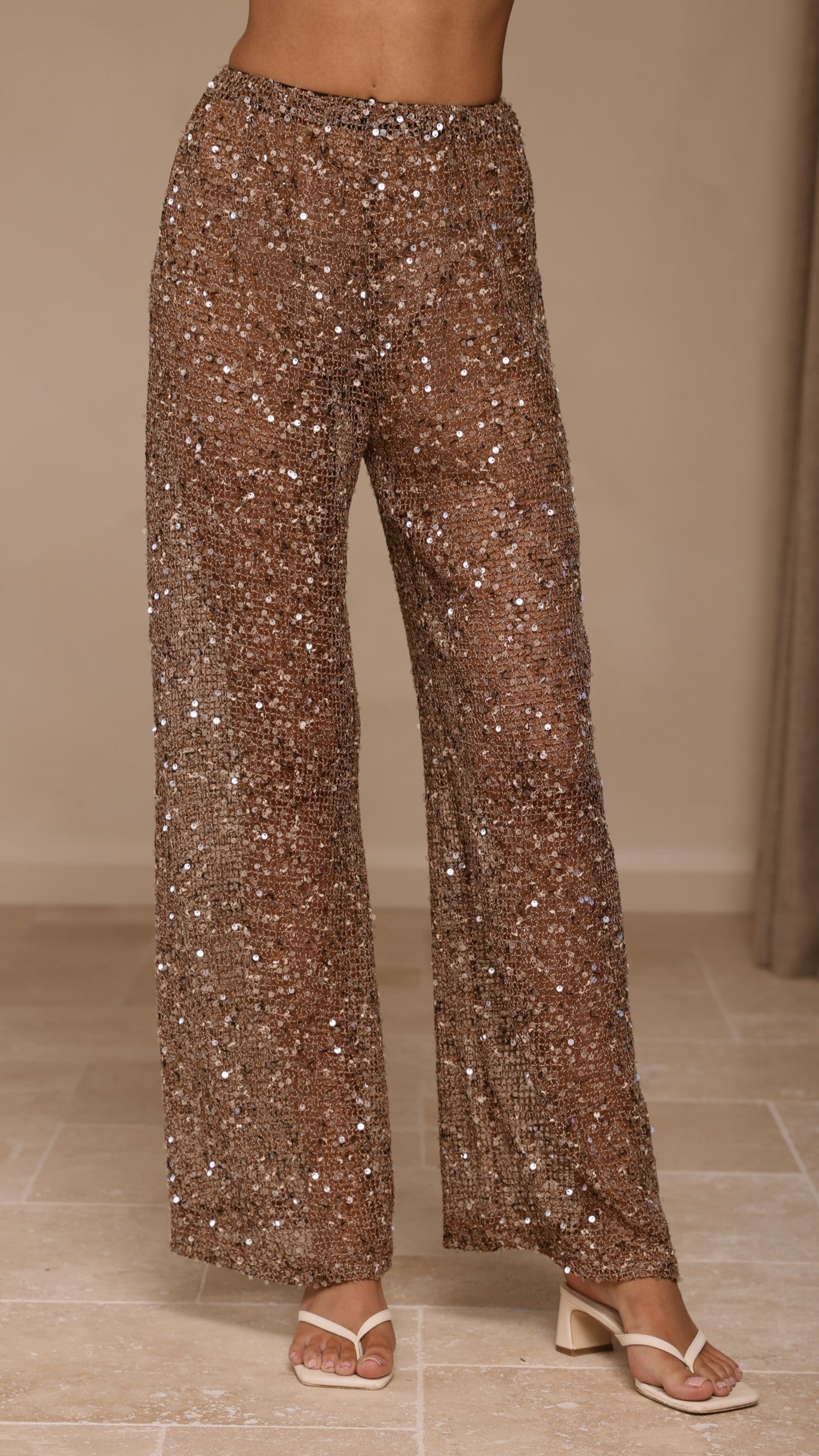 Zarina Sequin Long Line Top and Pants Set - Mocha