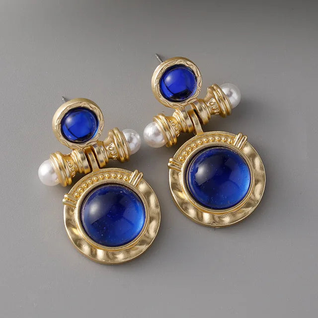 Retro Circle Gemstone Pearl Earrings