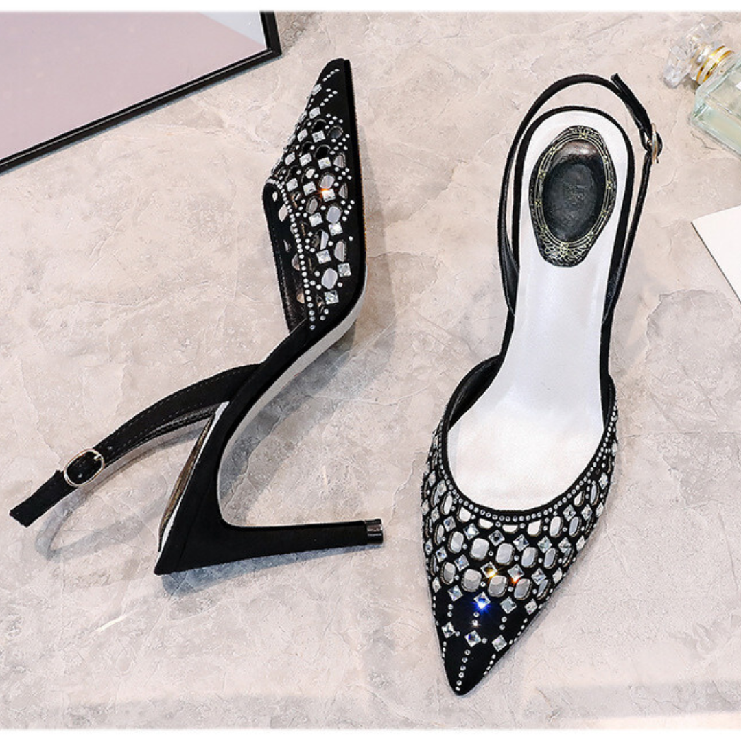 Hollow Pointed Toe Rhinestone Stiletto Strap Sandals