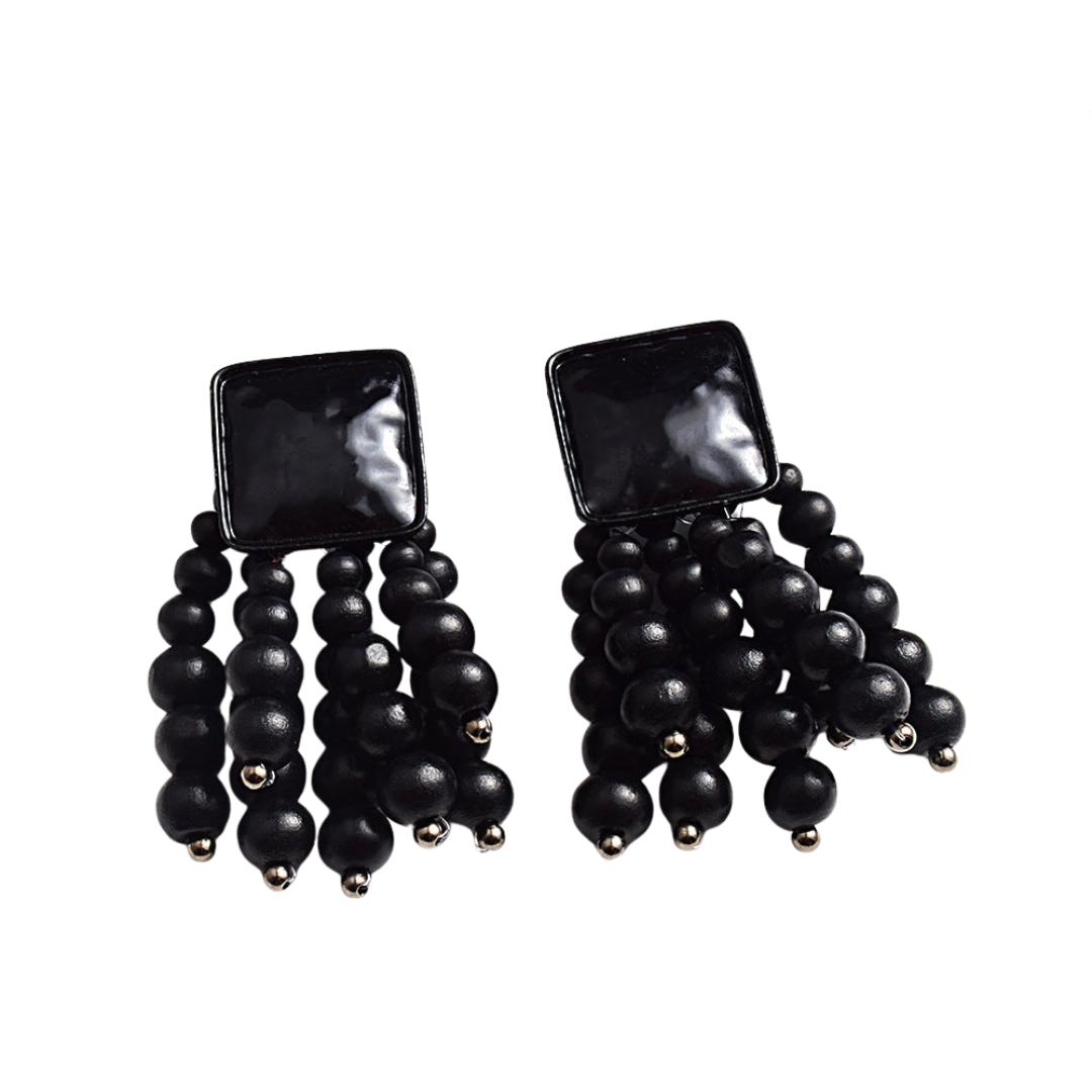 Metal Wood Beads Tassel Earrings
