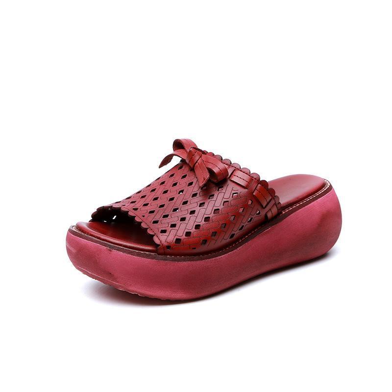 Leather Vintage Hollow Out Wedge Women Casual Slippers