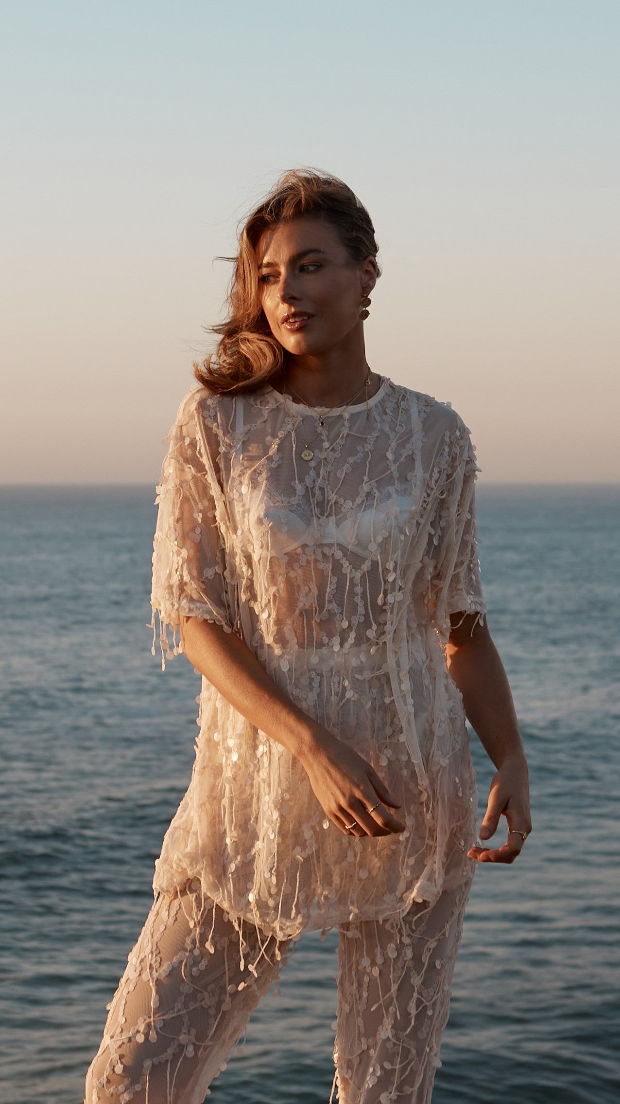 Zabby Sequin Oversized T-Shirt - Beige