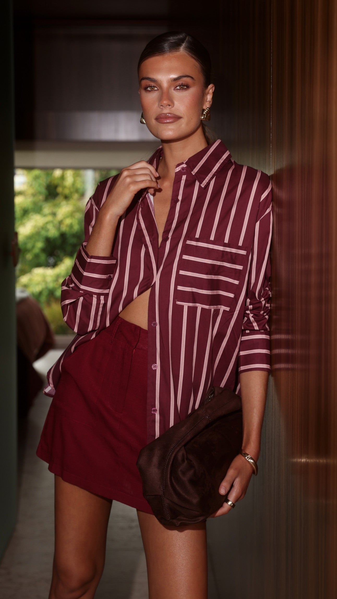 Nina Button Up Shirt - Merlot Stripe