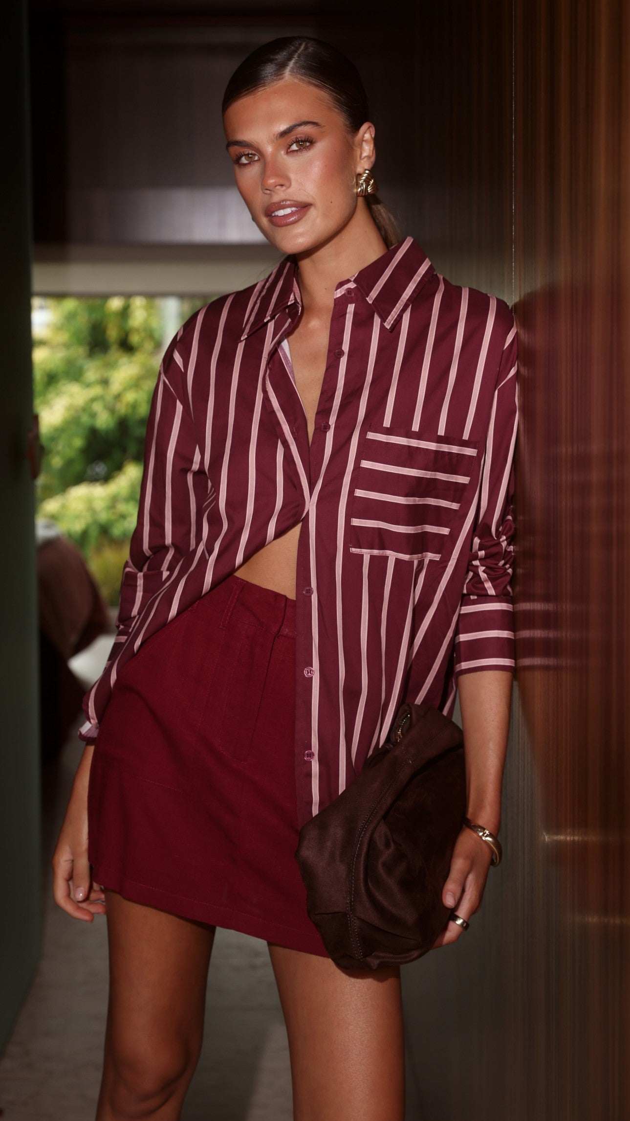 Nina Button Up Shirt - Merlot Stripe