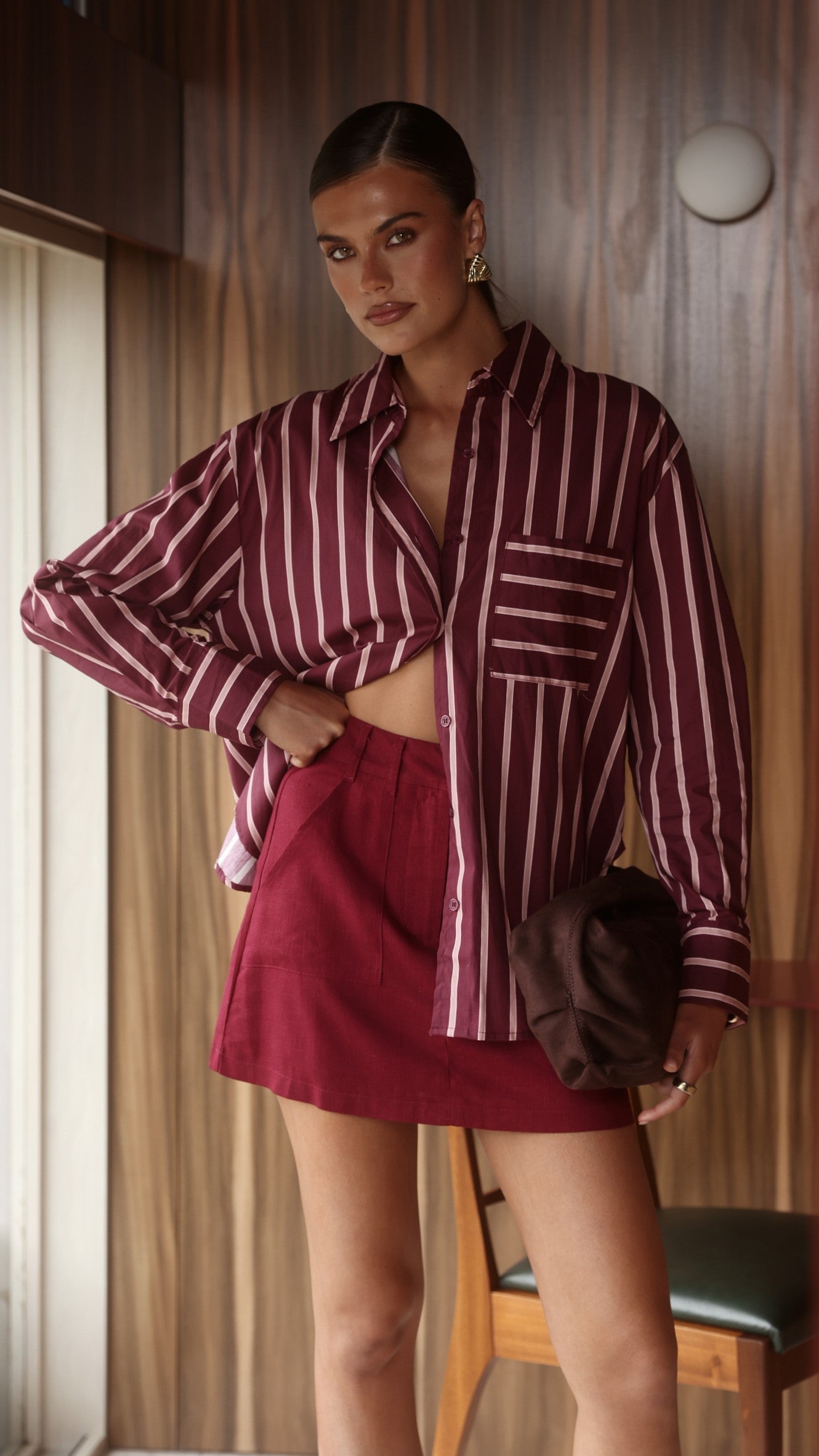 Nina Button Up Shirt - Merlot Stripe