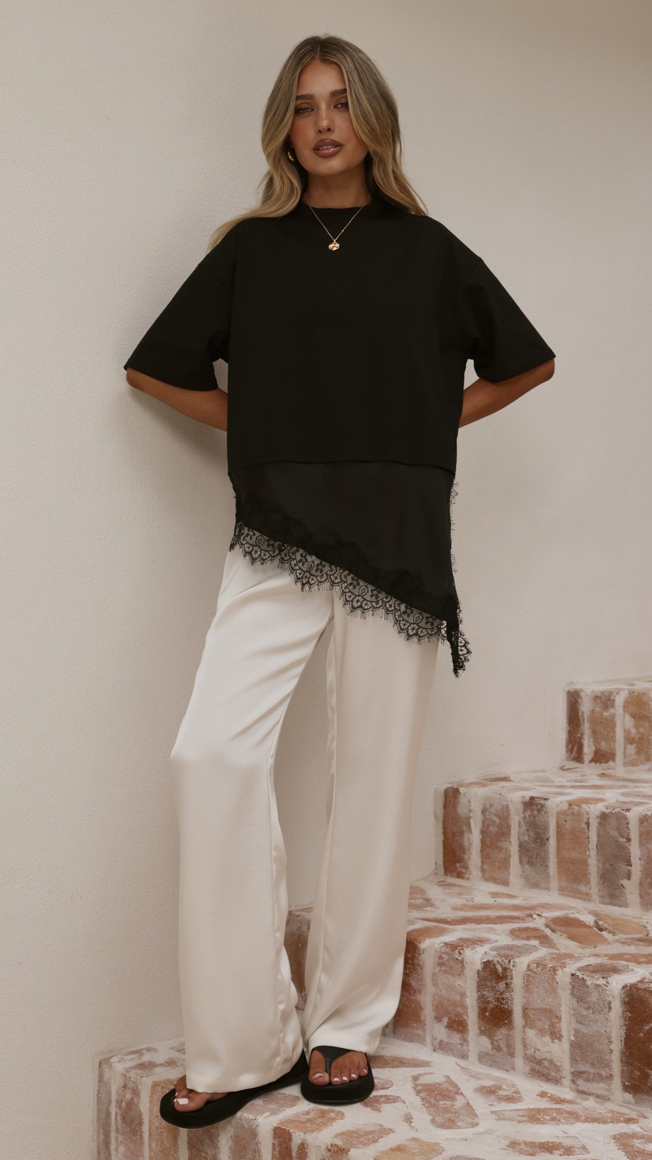 Mirandah Satin Panel T-Shirt - Black