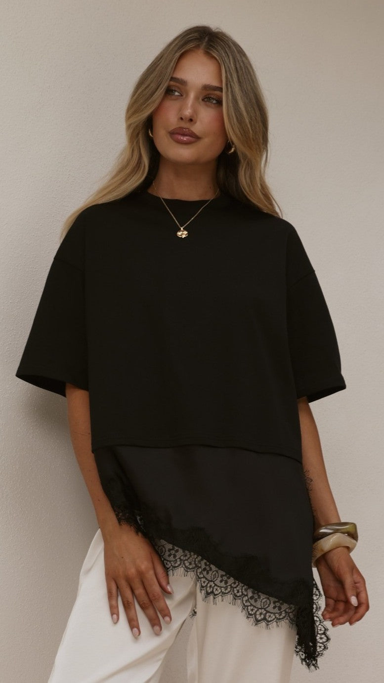 Mirandah Satin Panel T-Shirt - Black