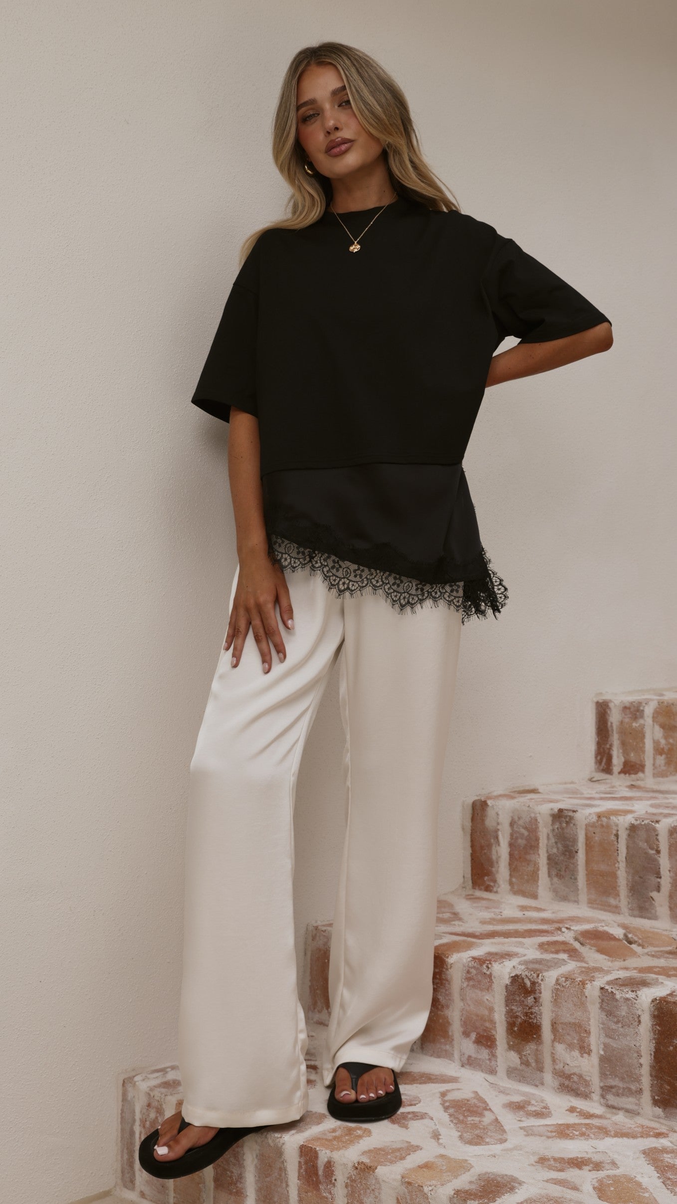 Mirandah Satin Panel T-Shirt - Black