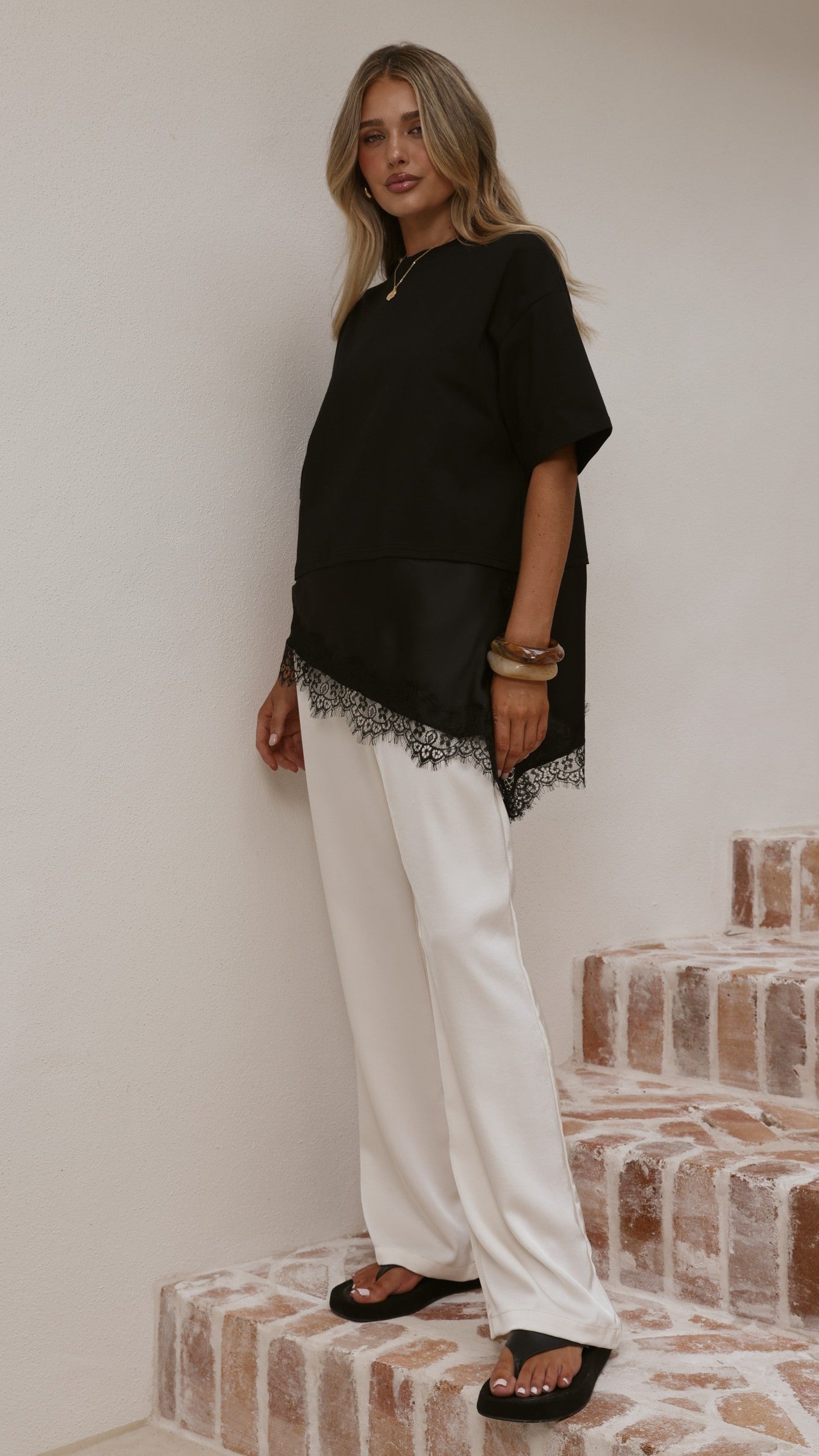 Mirandah Satin Panel T-Shirt - Black