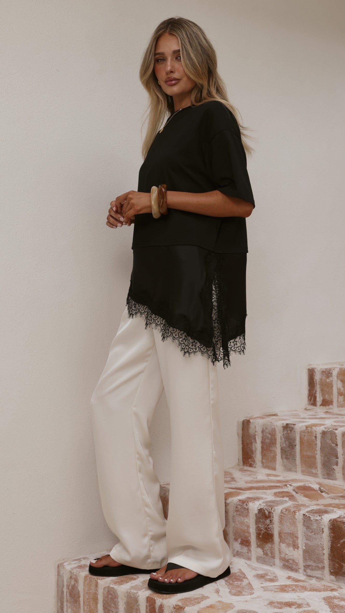 Mirandah Satin Panel T-Shirt - Black