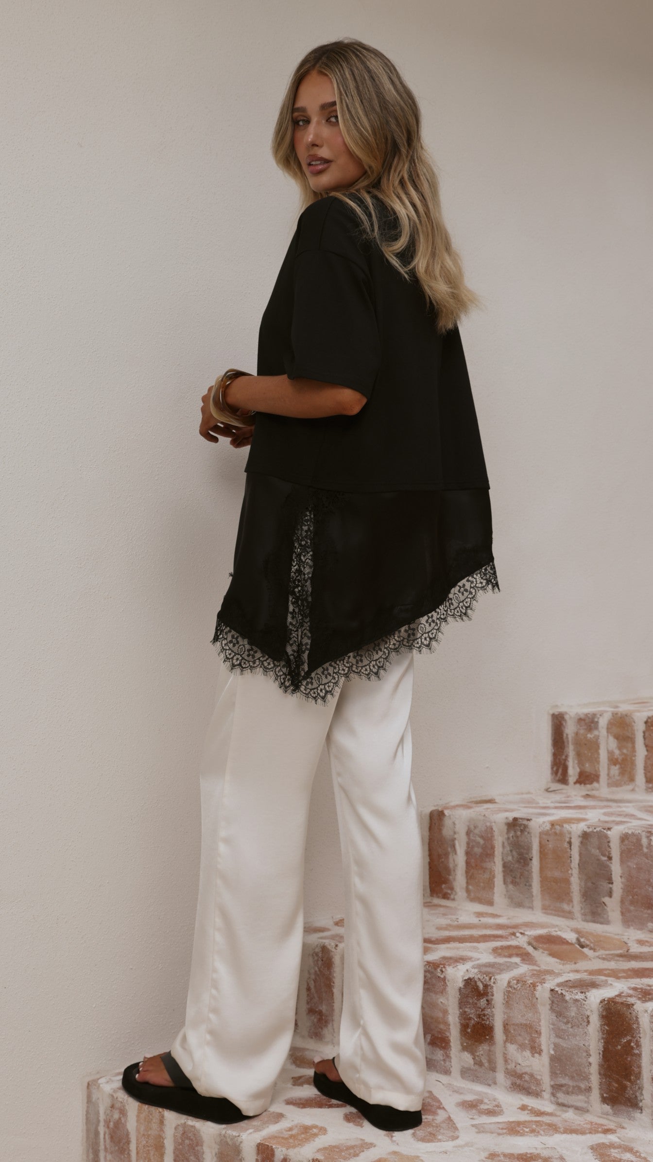 Mirandah Satin Panel T-Shirt - Black