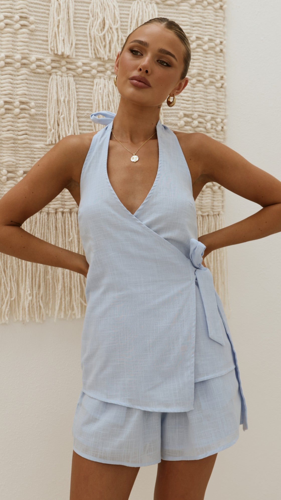 Malencia Wrap Top and Shorts Set - Blue
