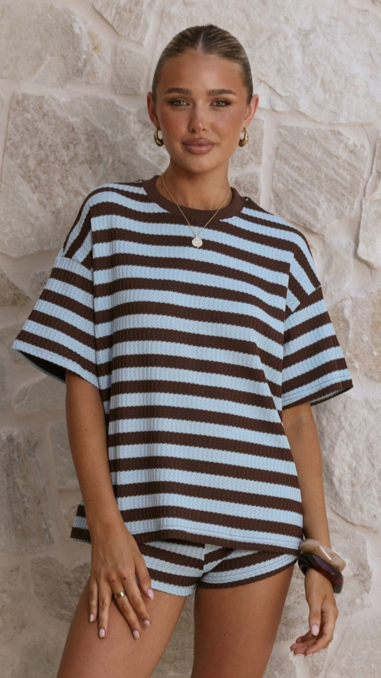 Makenna T-Shirt and Shorts Set - Chocolate/Blue Stripe