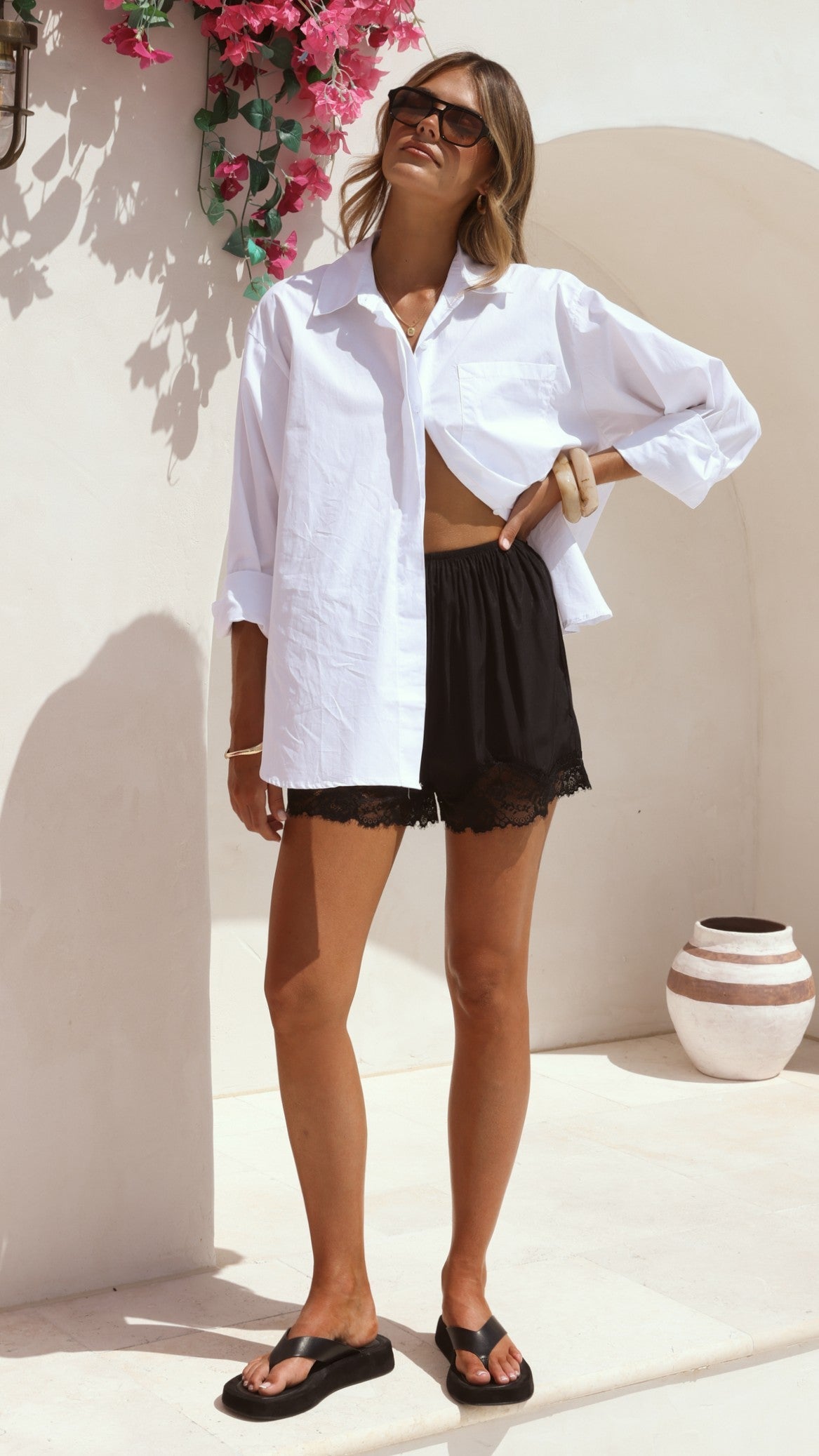 Charla Button Up Poplin Top - White