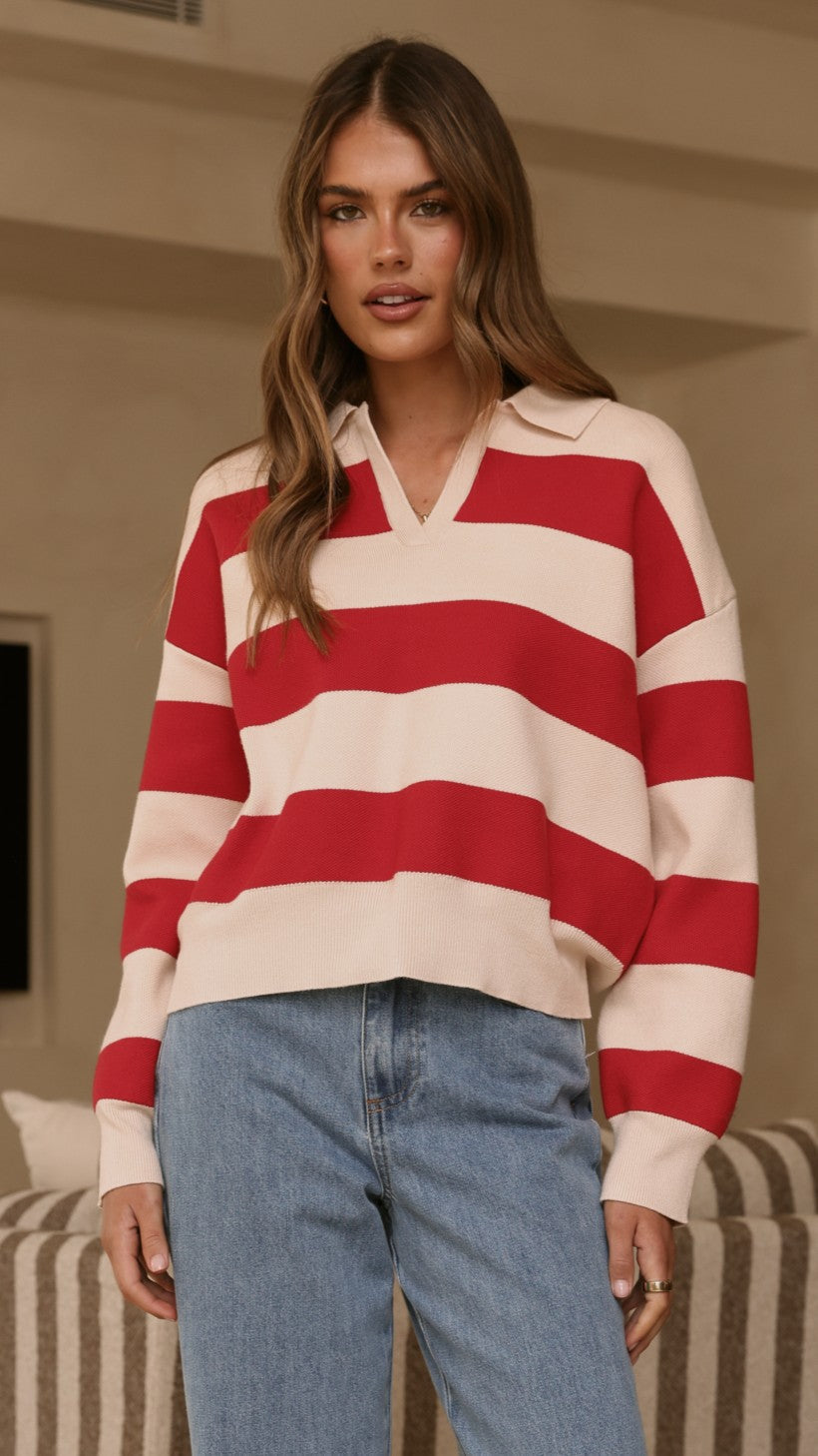 Kodi Sweater - Red/Beige Stripe