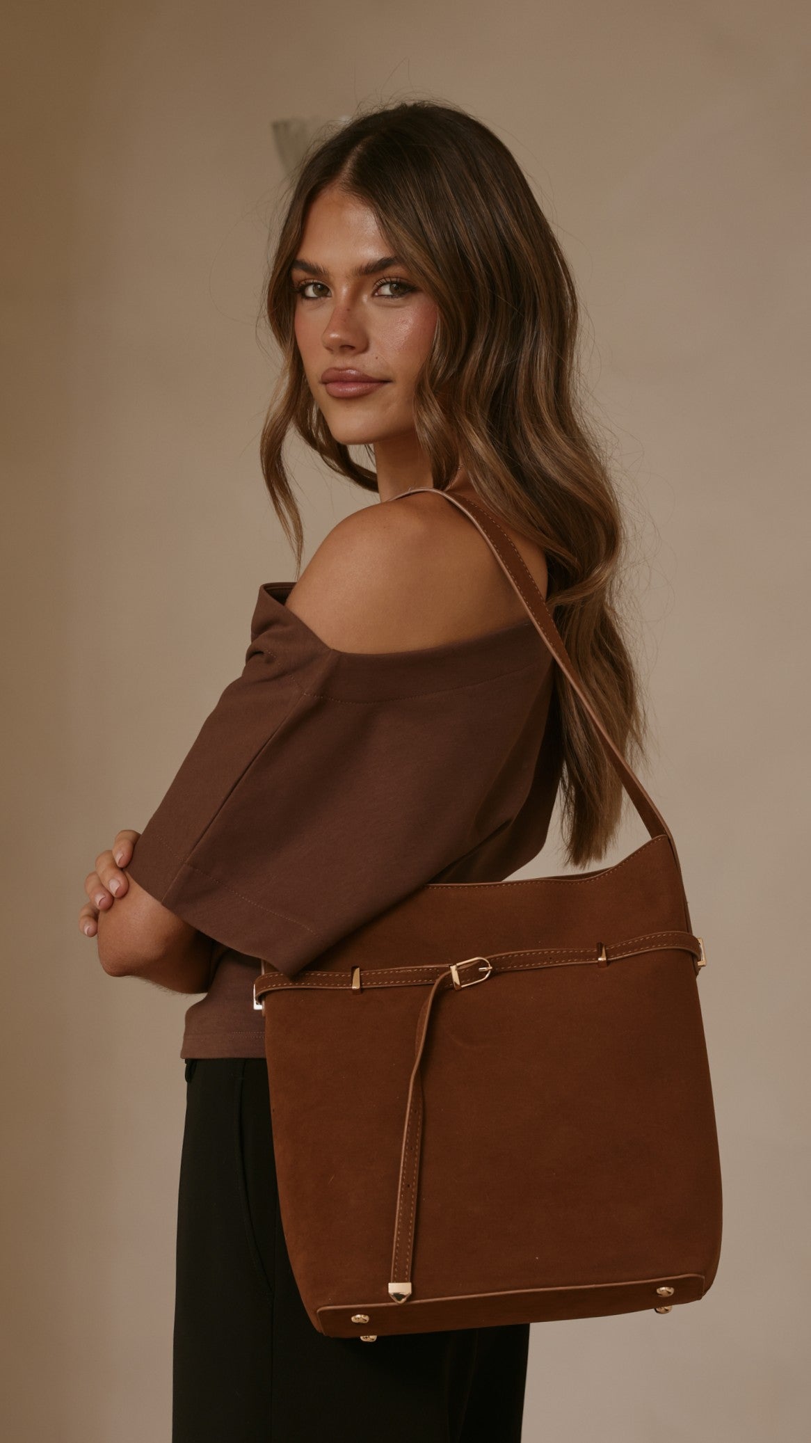 Leonie Belt Buckle Bag - Brown Suede
