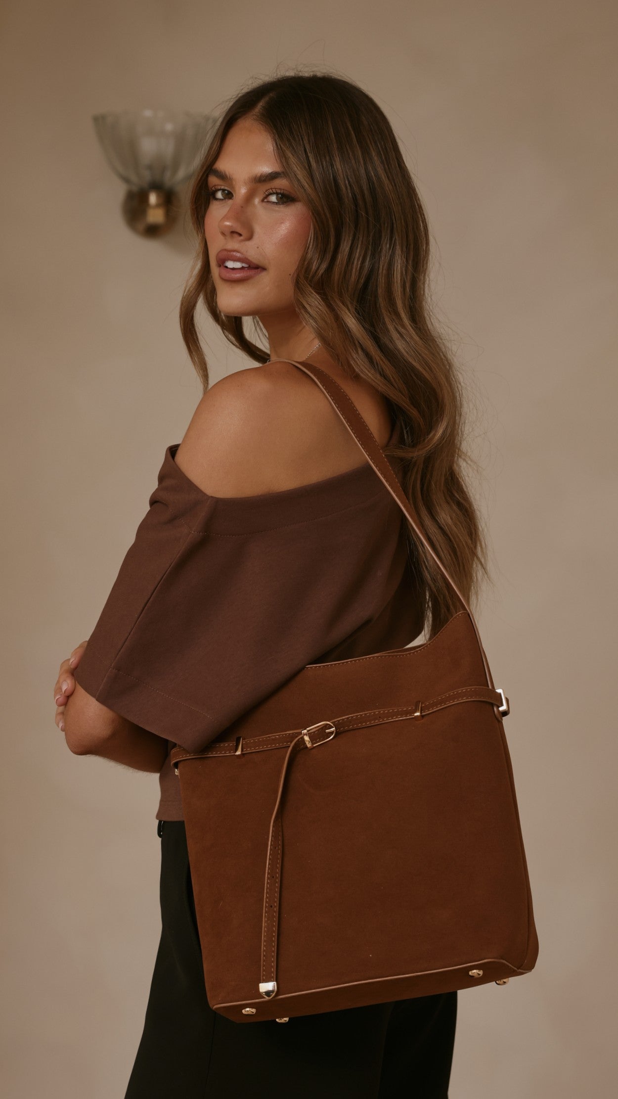 Leonie Belt Buckle Bag - Brown Suede