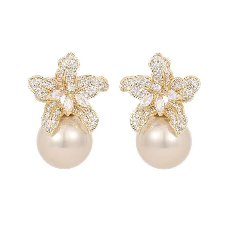 Retro Lily Flower Pearl Earrings