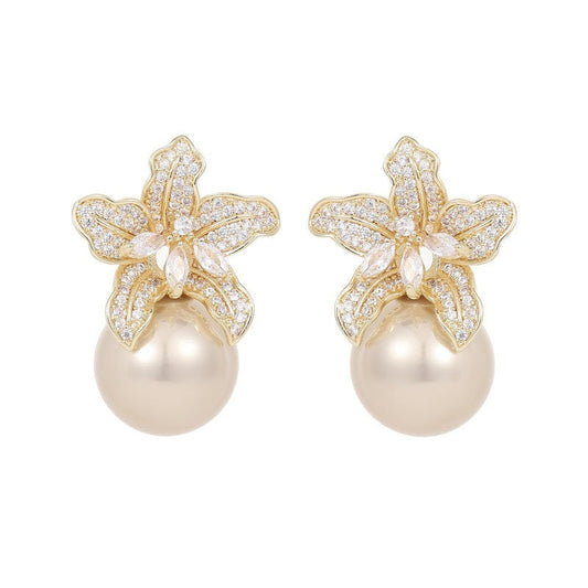 Retro Lily Flower Pearl Earrings