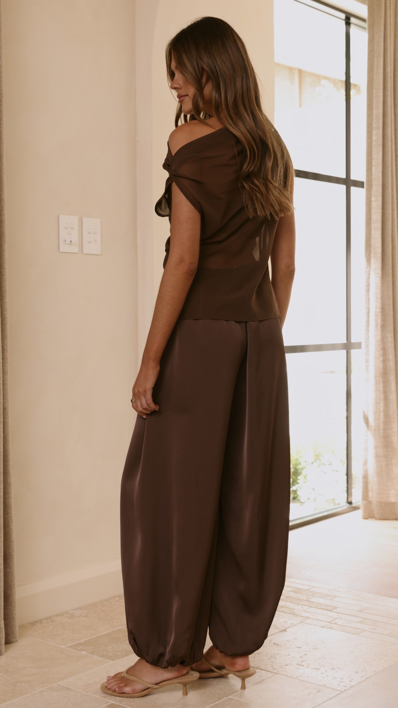 Zabella Sheer Off Shoulder Top - Chocolate