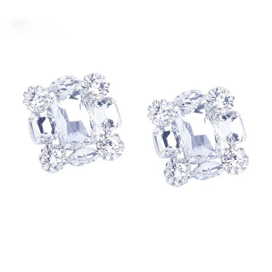 Chunky Square Crystal Rhinestone Clip Earrings