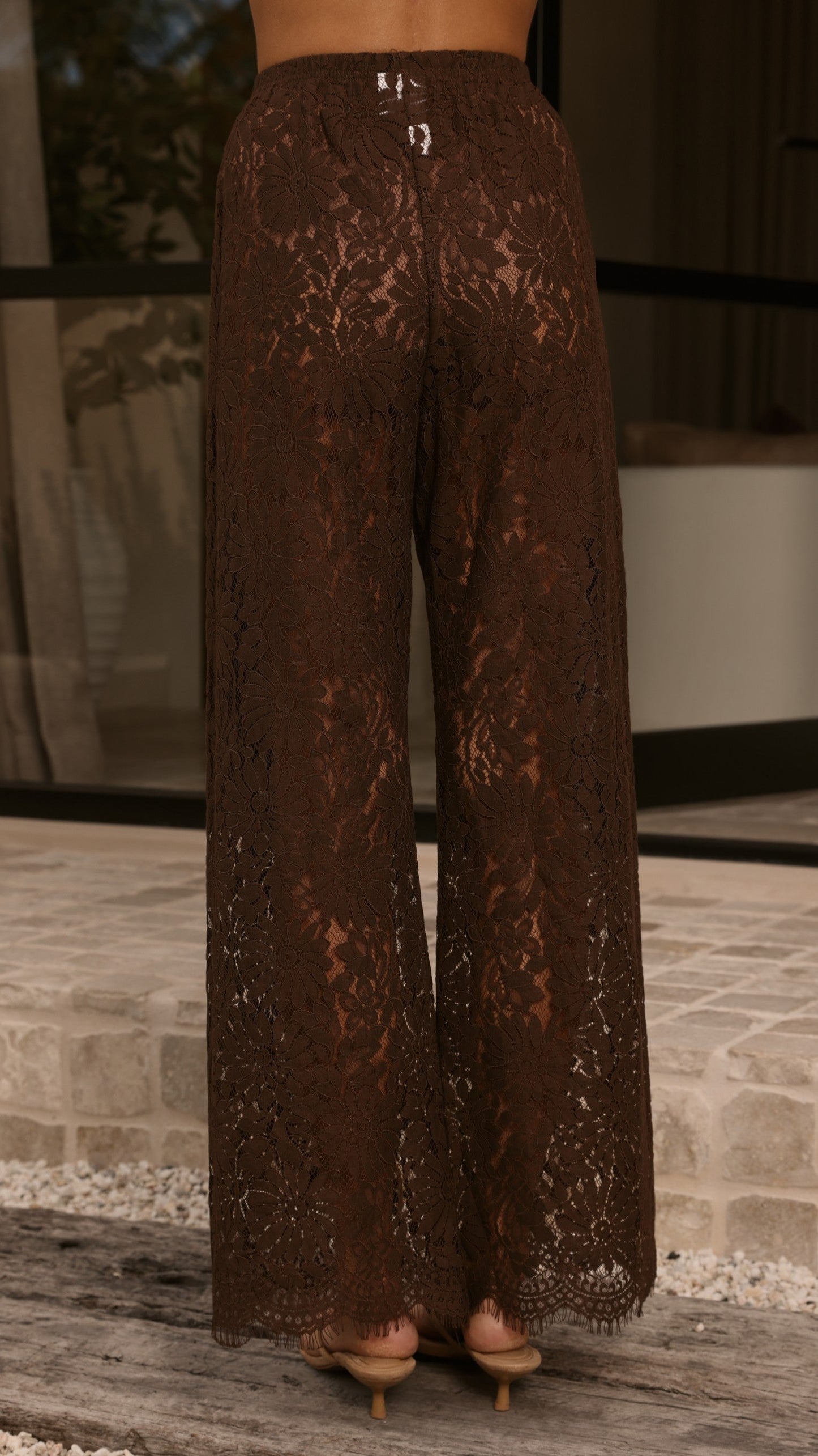 Ebony Asymmetrical Lace Top & Pants Set - Brown
