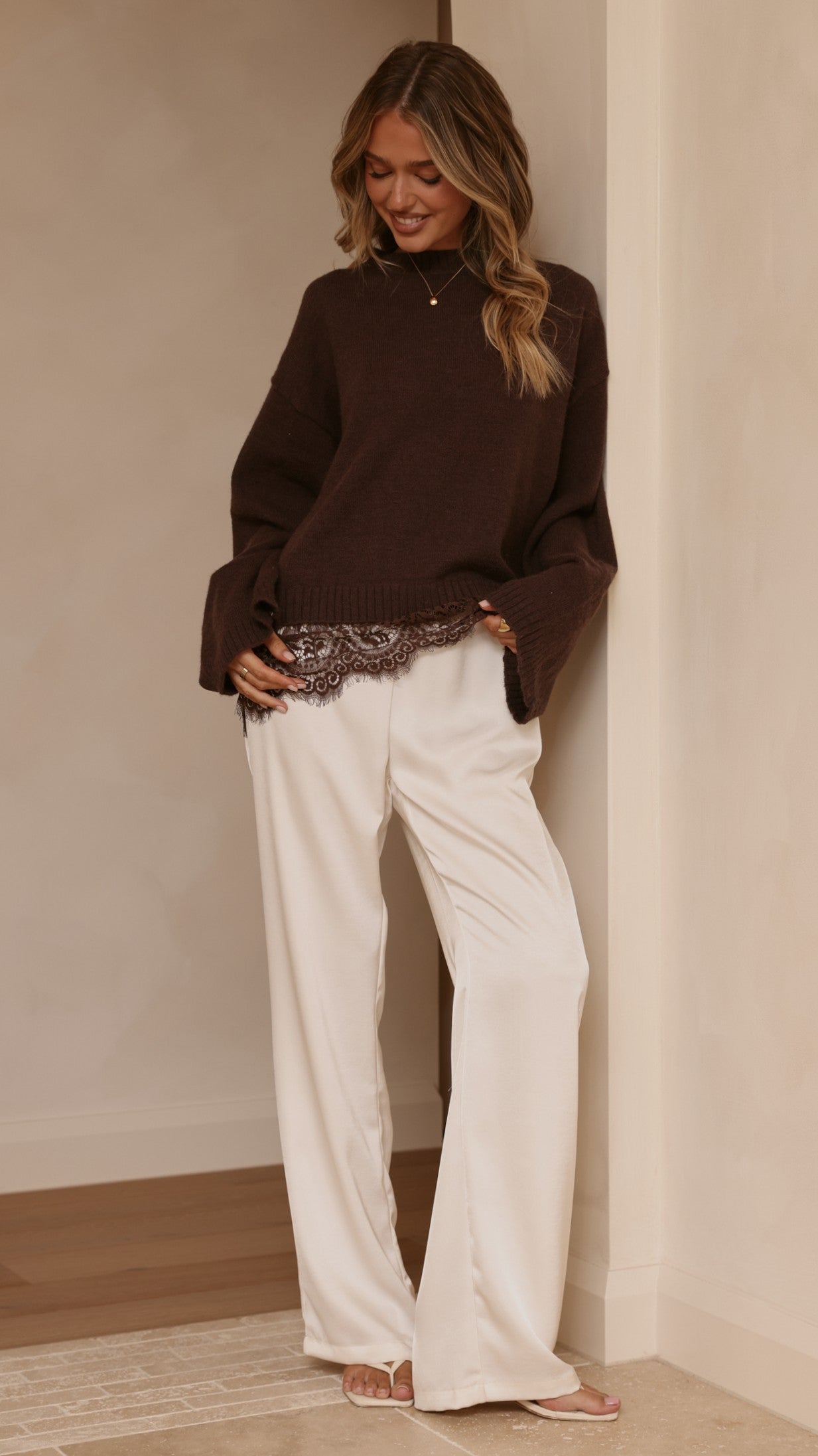 Kylan Lace Trim Sweater - Brown
