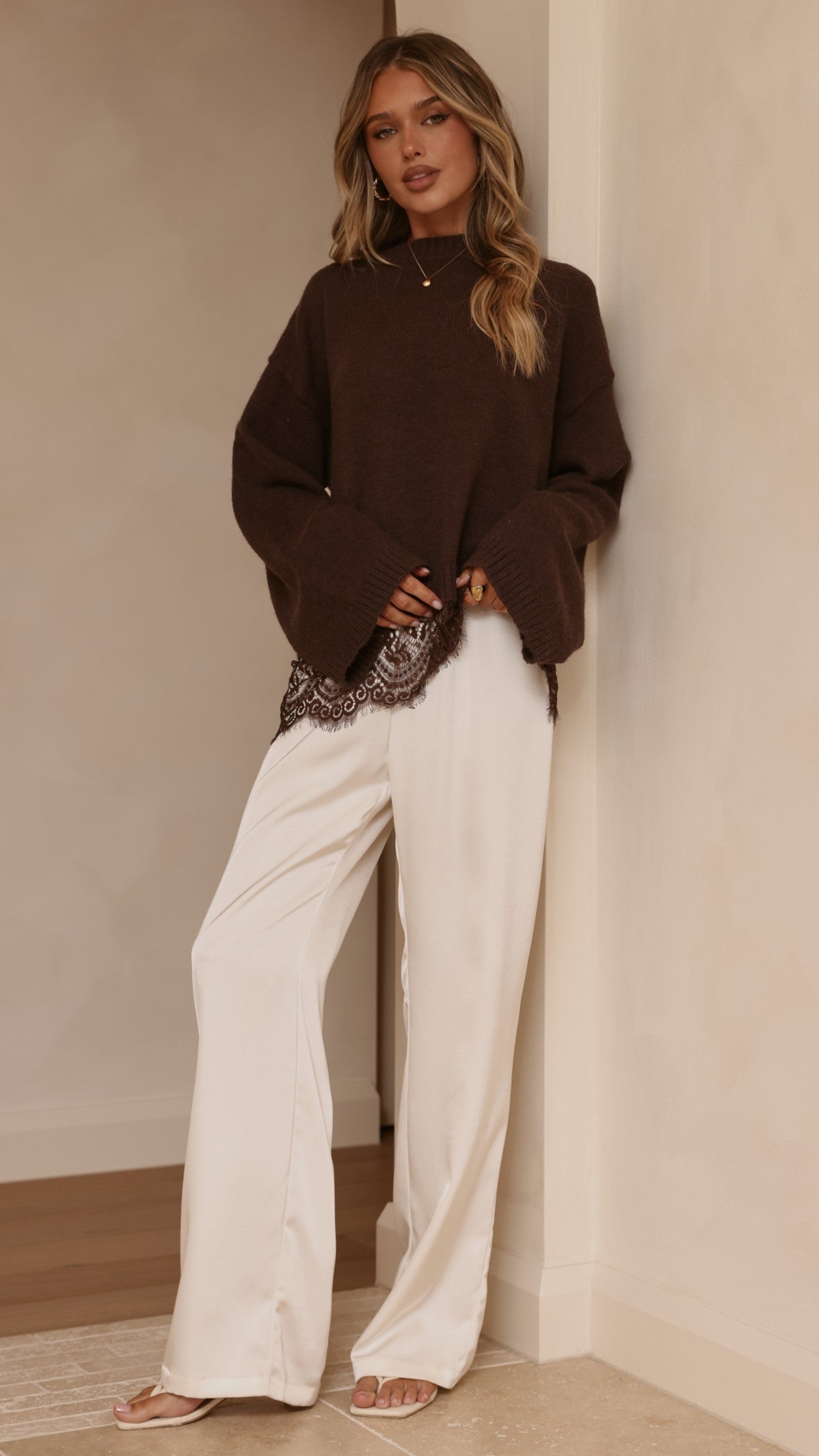 Kylan Lace Trim Sweater - Brown