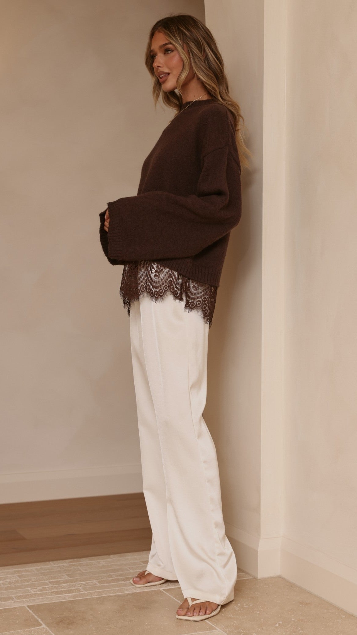 Kylan Lace Trim Sweater - Brown