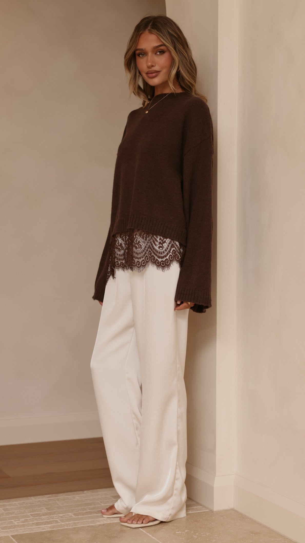 Kylan Lace Trim Sweater - Brown