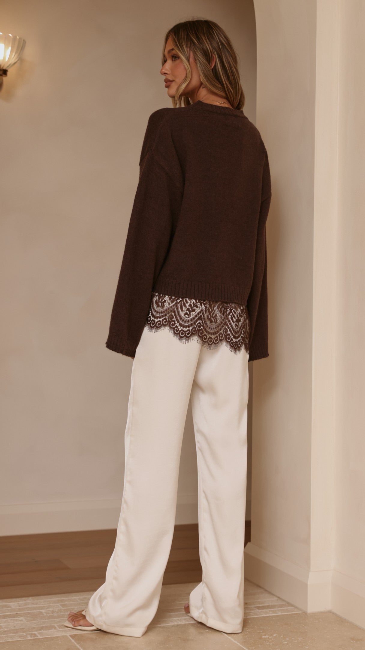 Kylan Lace Trim Sweater - Brown