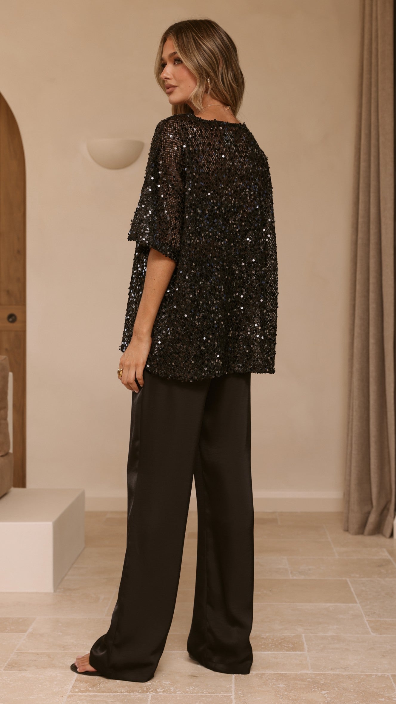 Varni Oversized Sequins Tee - Black