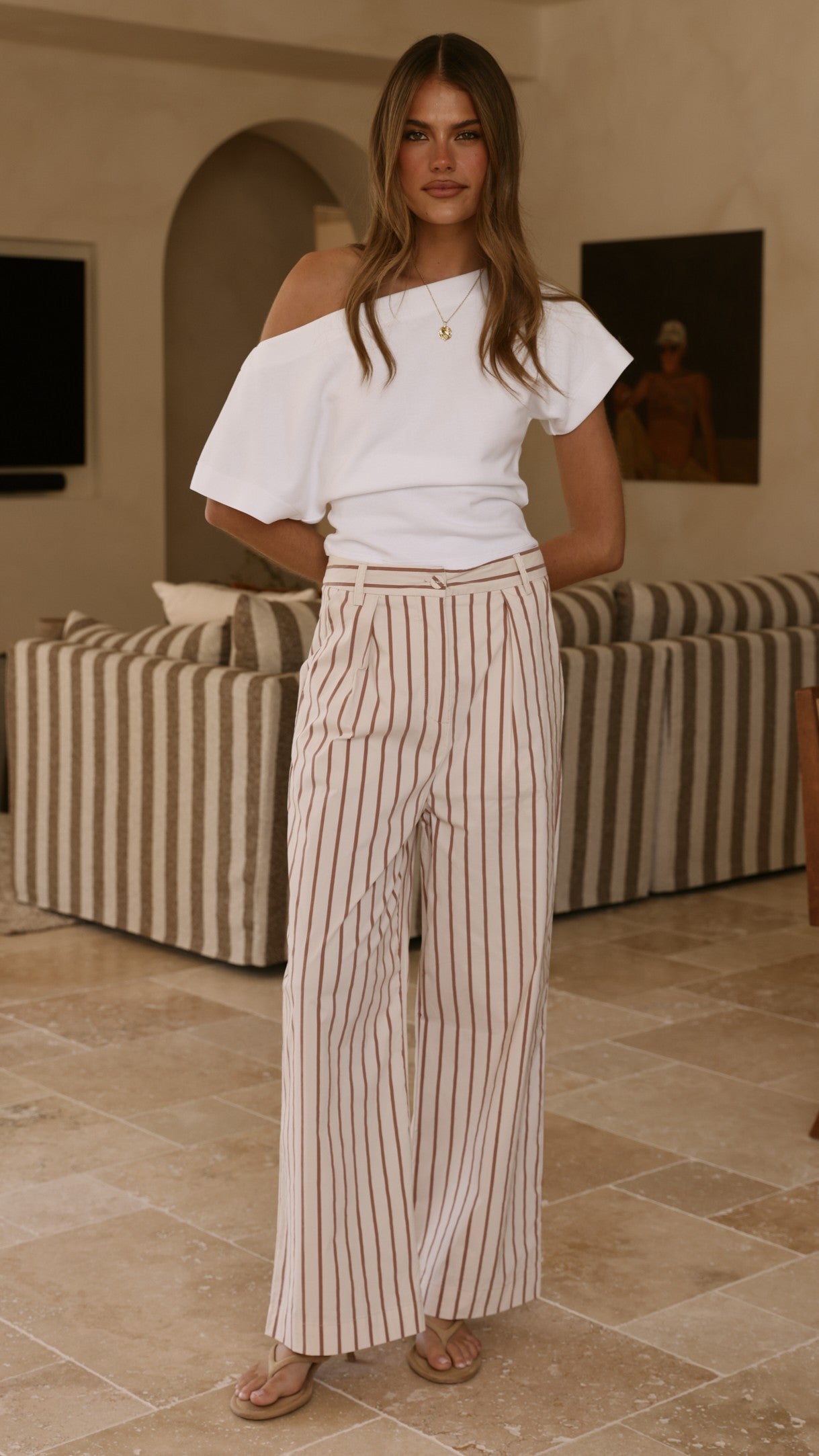 Tasmine Pants - White/Mauve Stripe