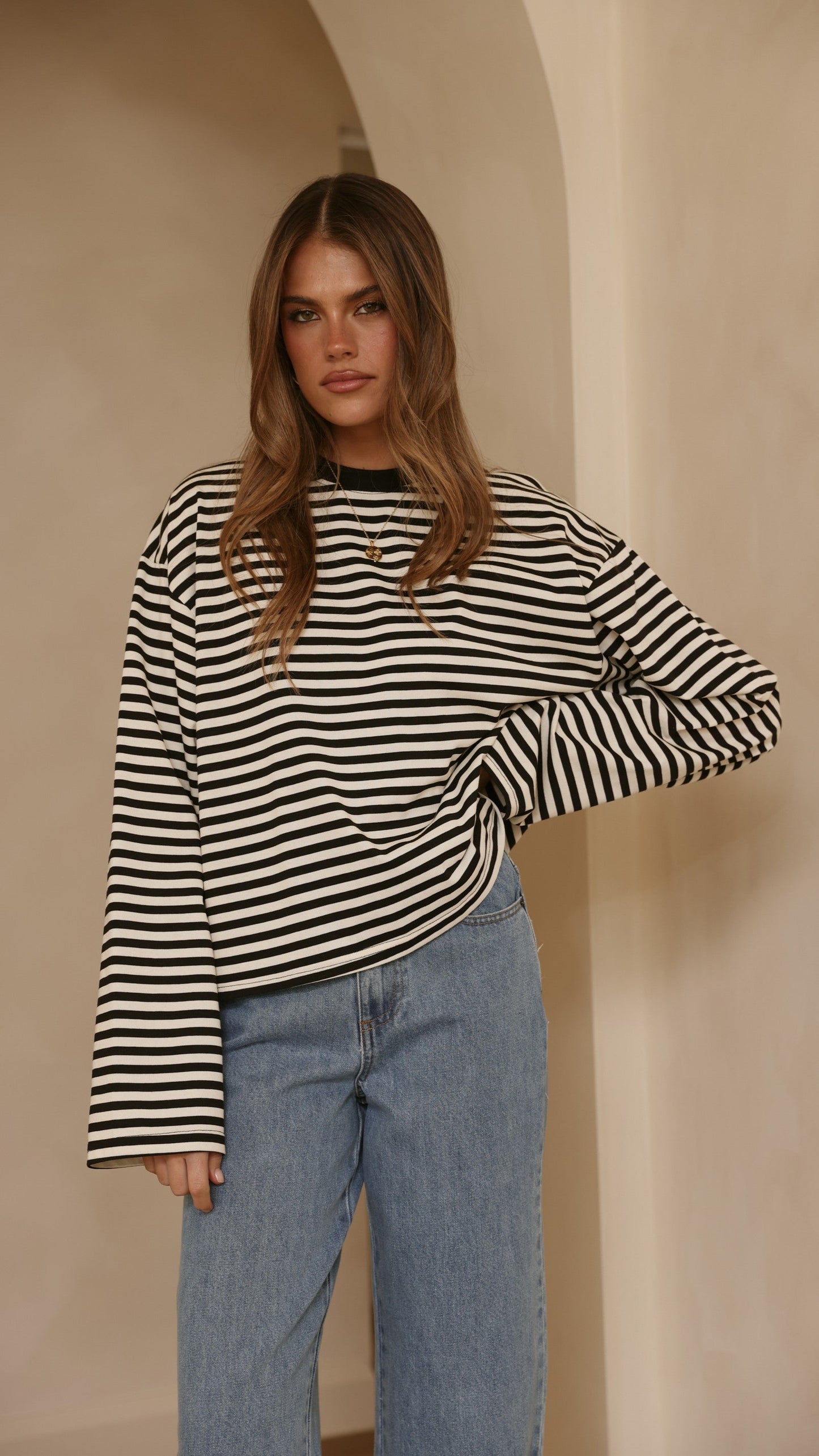 Solana Long Sleeve Top - Black/White Stripe