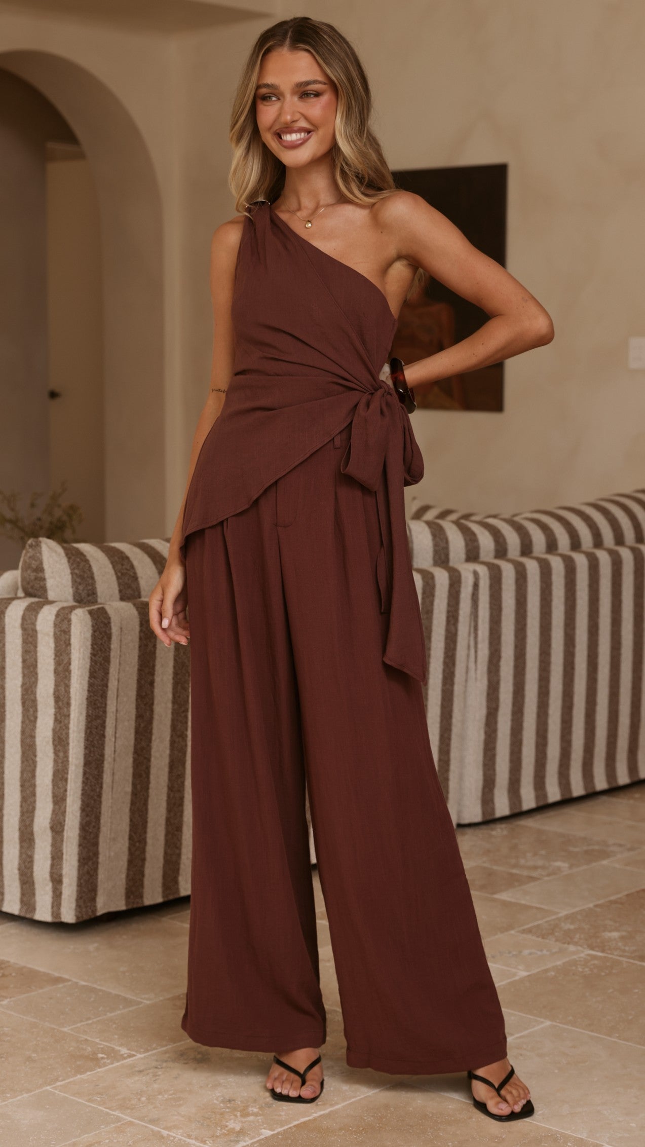 Leela One Shoulder Top and Pants Set - Brown
