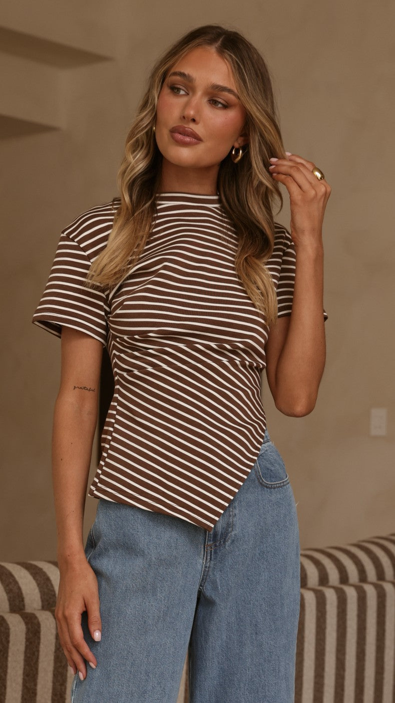 Tiarna Side Ruched Tee - Brown/White Stripe
