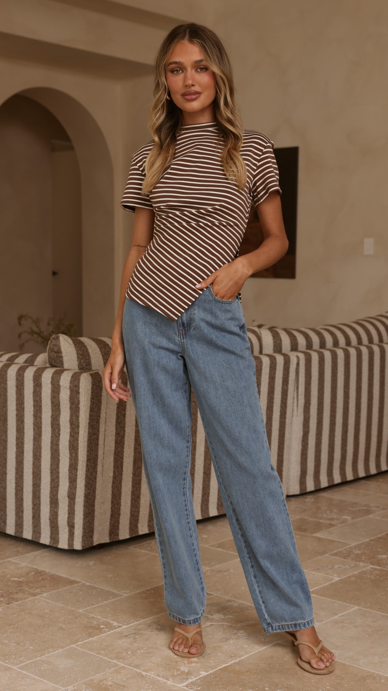 Tiarna Side Ruched Tee - Brown/White Stripe