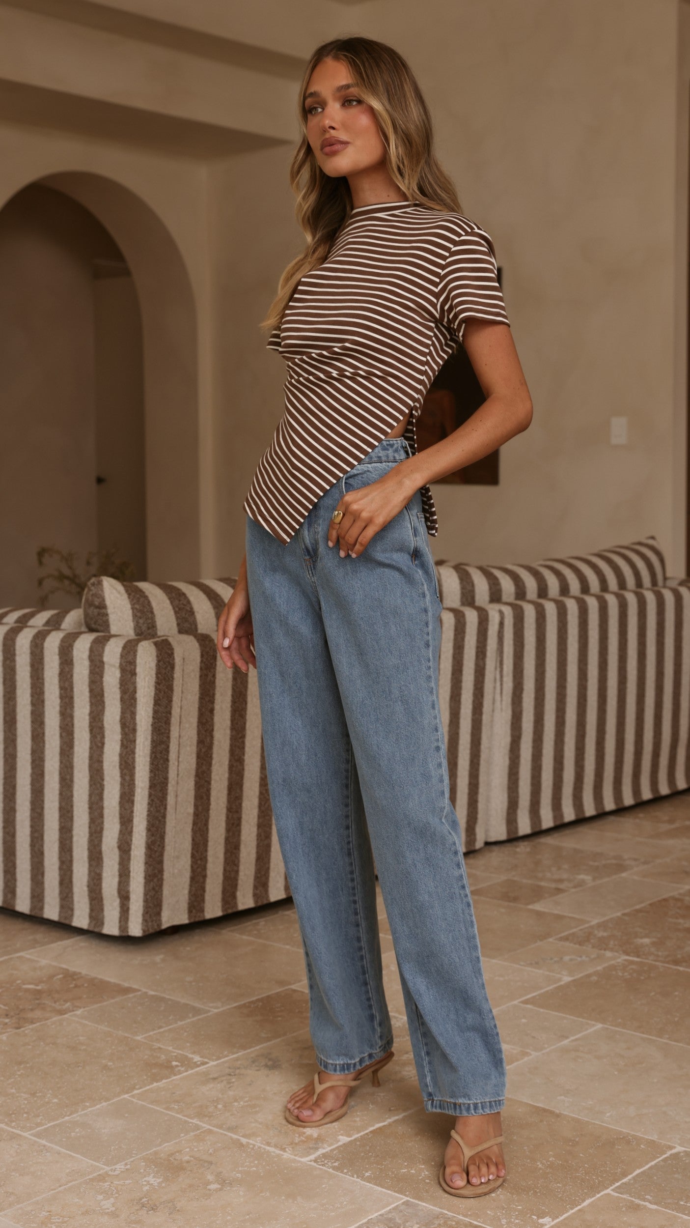 Tiarna Side Ruched Tee - Brown/White Stripe