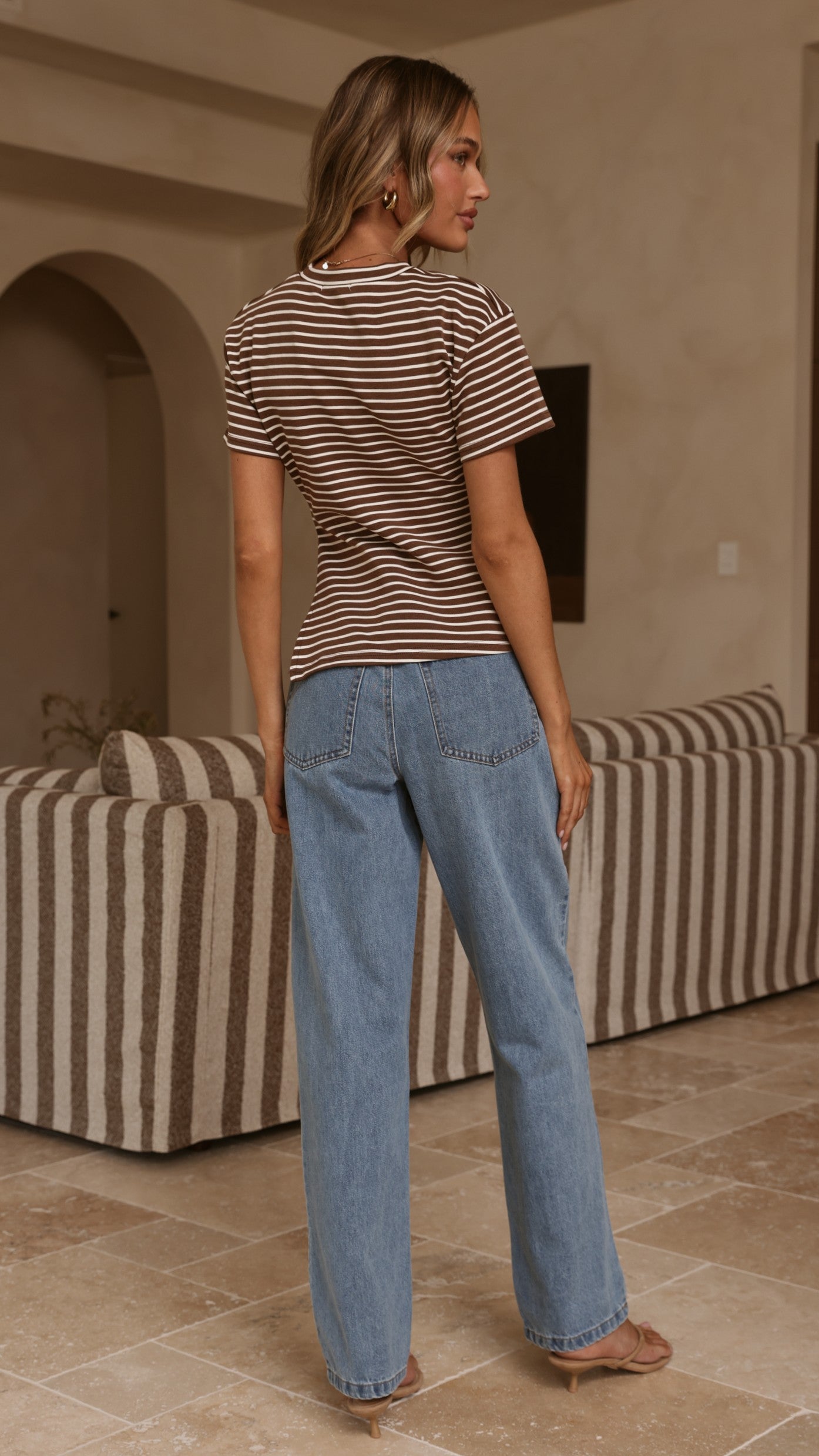 Tiarna Side Ruched Tee - Brown/White Stripe