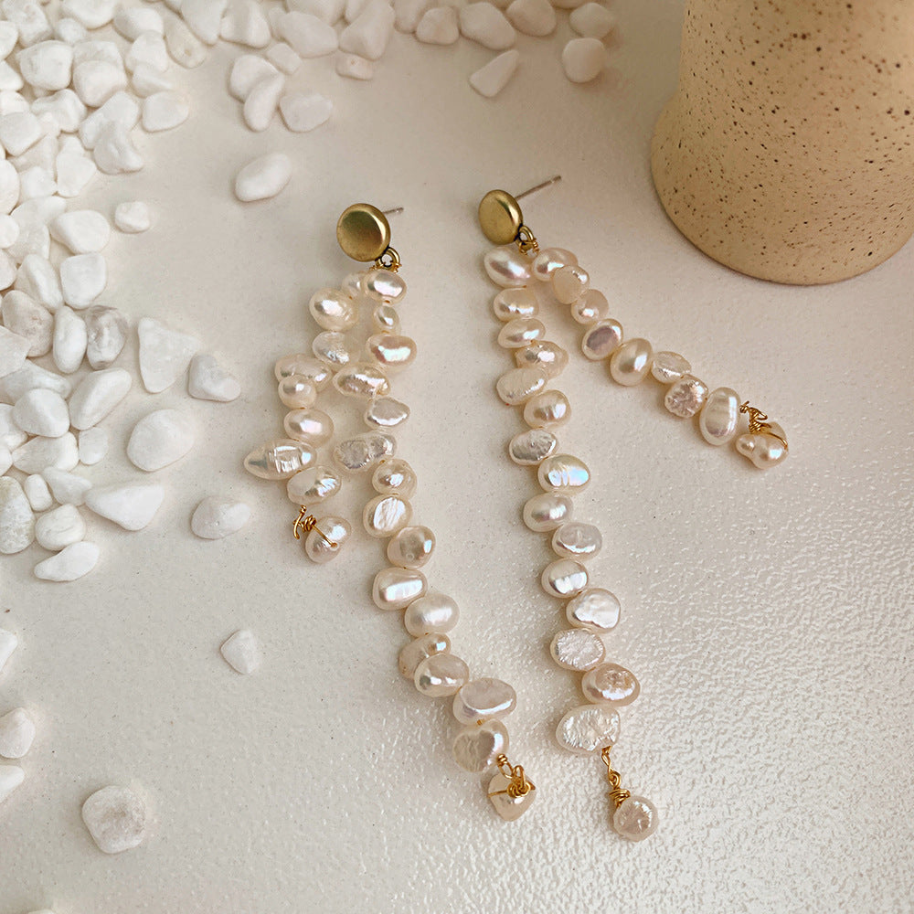 Pearl Tassel Long Asymmetrical Earrings