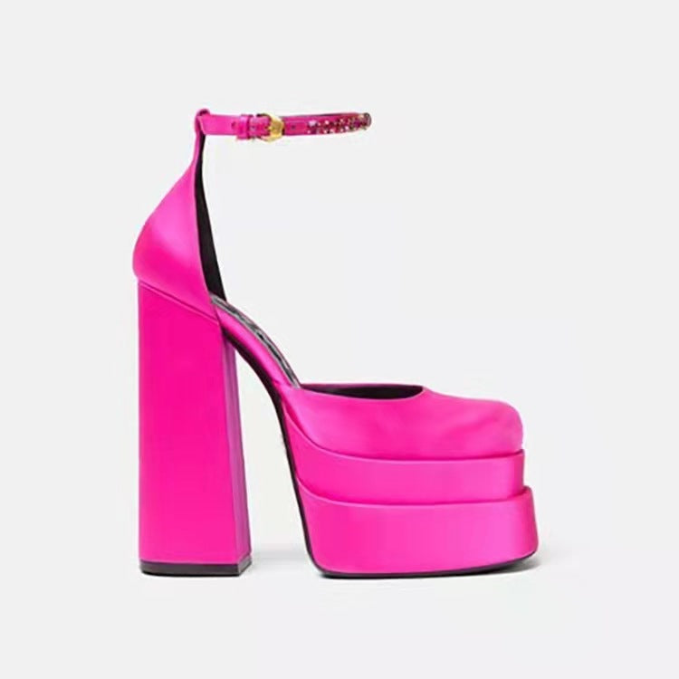 Chunky High Heel Square Toe Satin Sandals