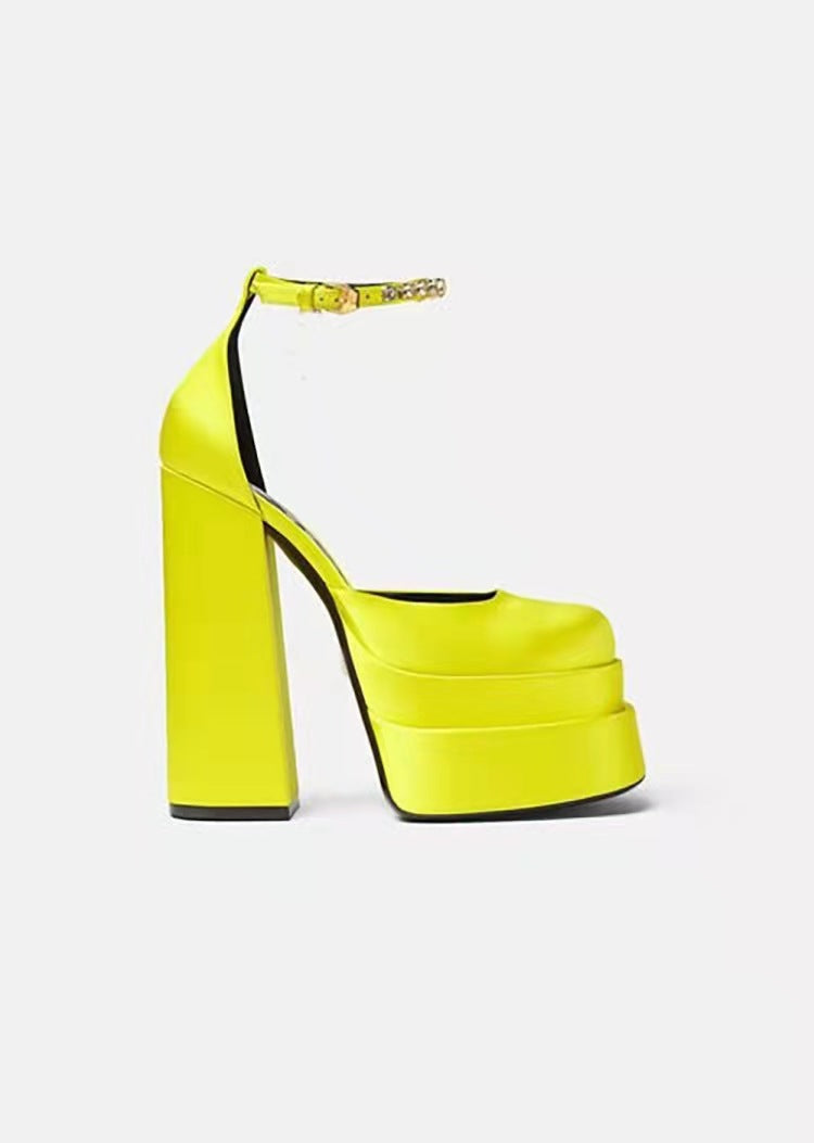 Chunky High Heel Square Toe Satin Sandals