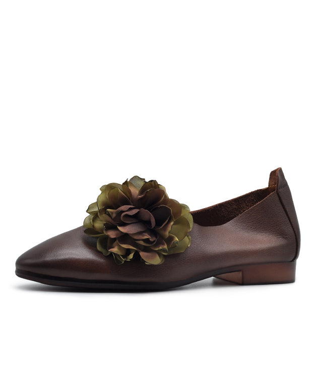 Handmade Grey Cowhide Leather Splicing Floral Flat Shoes