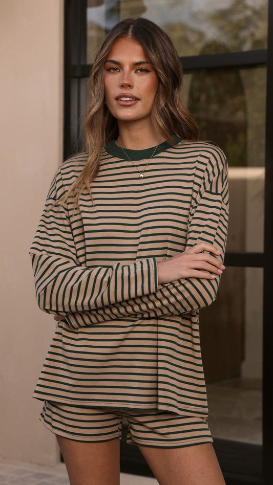 Flossie Long Sleeve Top and Shorts Set - Beige/Green Stripe