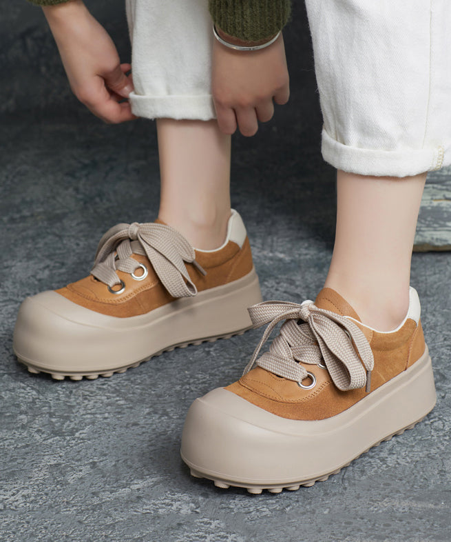 Casual Splicing Platform Flat Shoes Brown Cowhide Leather Lace Up