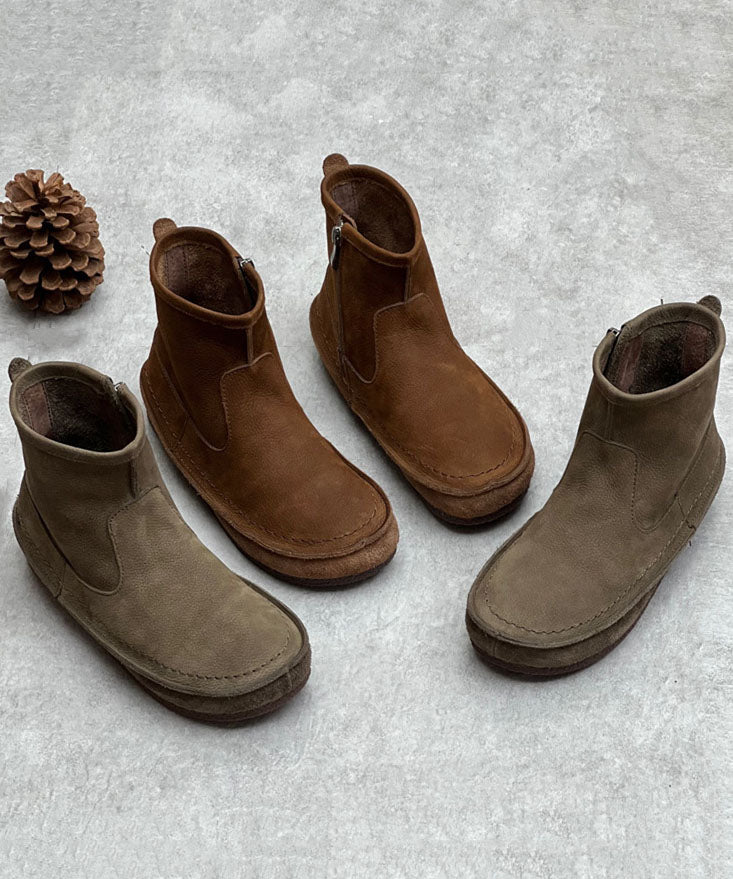 Coffee Cowhide Leather Boots Zippered Vintage Ankle Boots