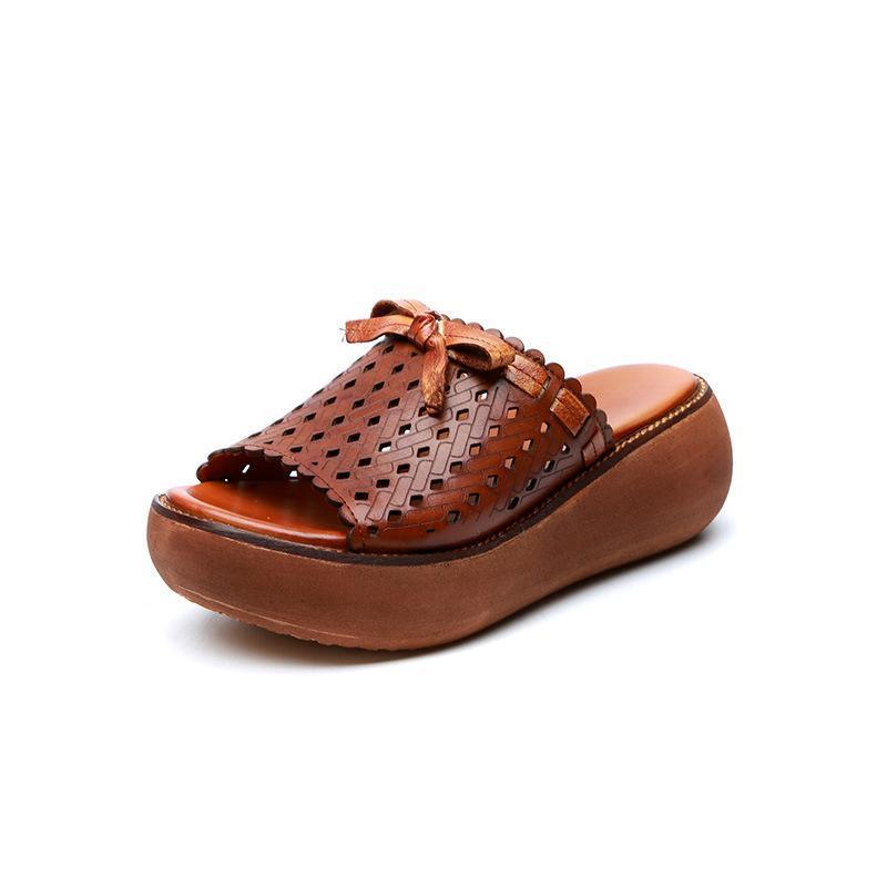 Leather Vintage Hollow Out Wedge Women Casual Slippers